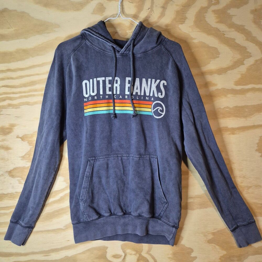 Lane Seven Outer Banks North Carolina Hoodie Small Blue Retro Rainbow Pullover